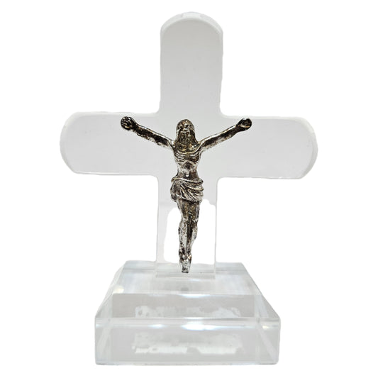 Clear crystal cross prominent metal crucifix figurine, often used for home/Office Dashboard & car decor
