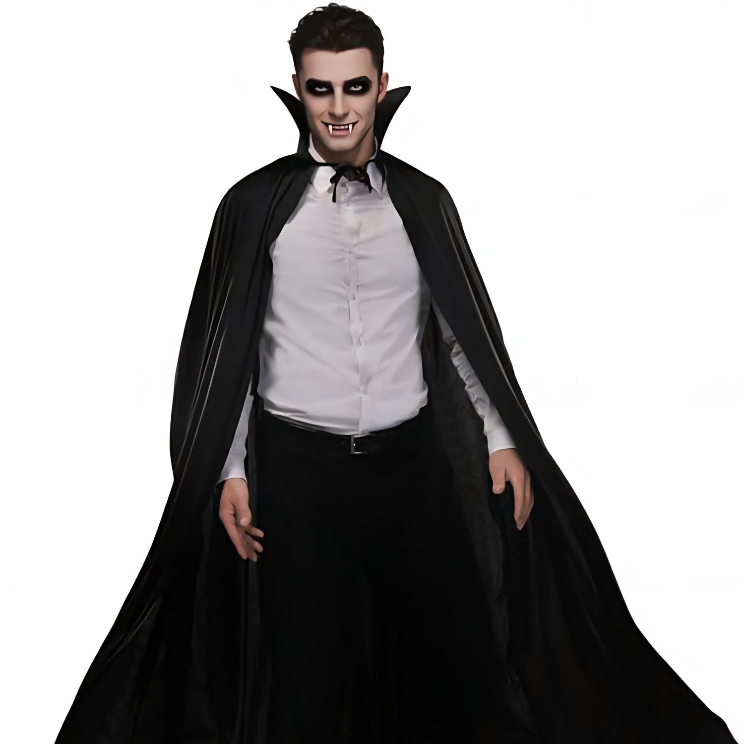 Person wearing a black cape and Halloween-themed makeup on a white background