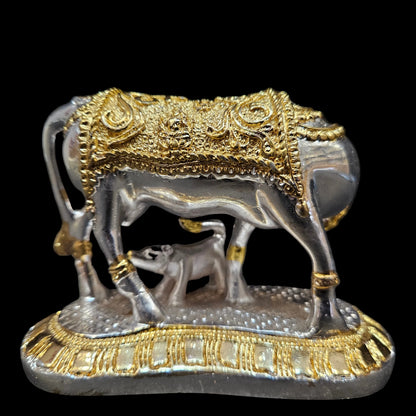 Kamdhenu Cow and Calf Idol, Gold and Silver Plated Polyresin
