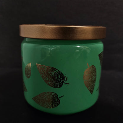 Shelly glassware pistachio Green glass jar with Leaves Designed & gold coloured lid