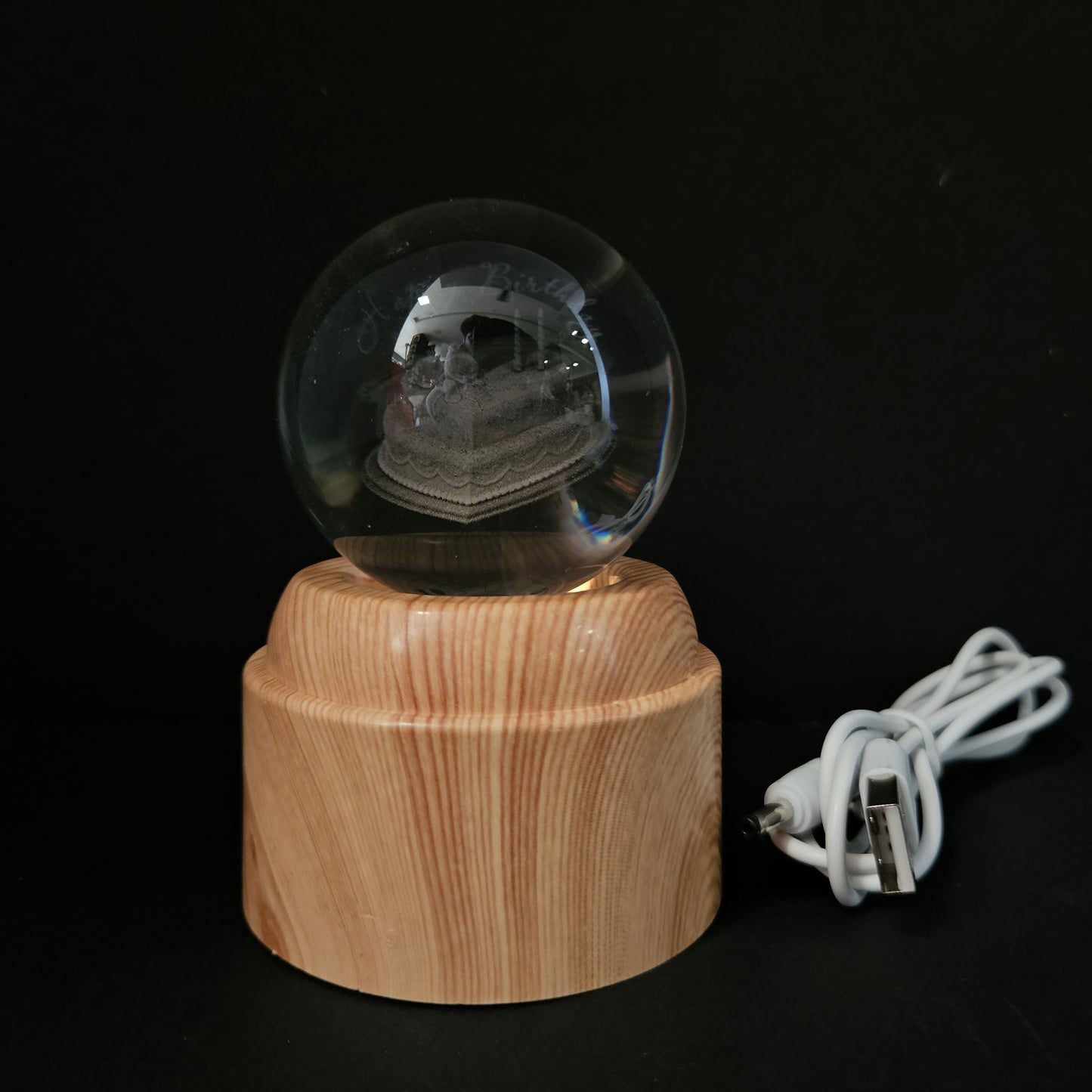 3D Happy Birthday Heart Shaped Cake Crystal Ball Night Lamp Engraved USB Table Wooden Light for Home Office Decoration and Birthday Gift
