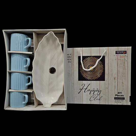 Reign Happy Club 4+1 pieces Ceramic cups & 1 leaf Shaped Snacks platter set for Return gifting purpose