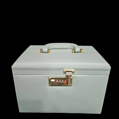 Leather Jewellery Box for Women Vanity Box with Sliding Tray, Three-Digit Combination Lock, Mirror, Pocket for Safe Jewelry