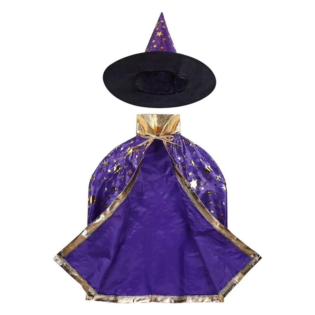 Hooded Cloak Pointed Hat Set Anime Cosplay Party Star Pattern Girls Boys Magic Outfit Cape