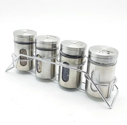 Spice Jar Stainless Steel & Glass with Holder Stand Set of 4 for Oregano,Chilli Flakes, Sugar, Seasoning Sprinkler,Air Tight Container,Dining Table Masala Box