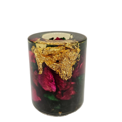 Handcrafted epoxy resin pen stand, featuring real dried rose petals and gold foil accents perfect for Table decor