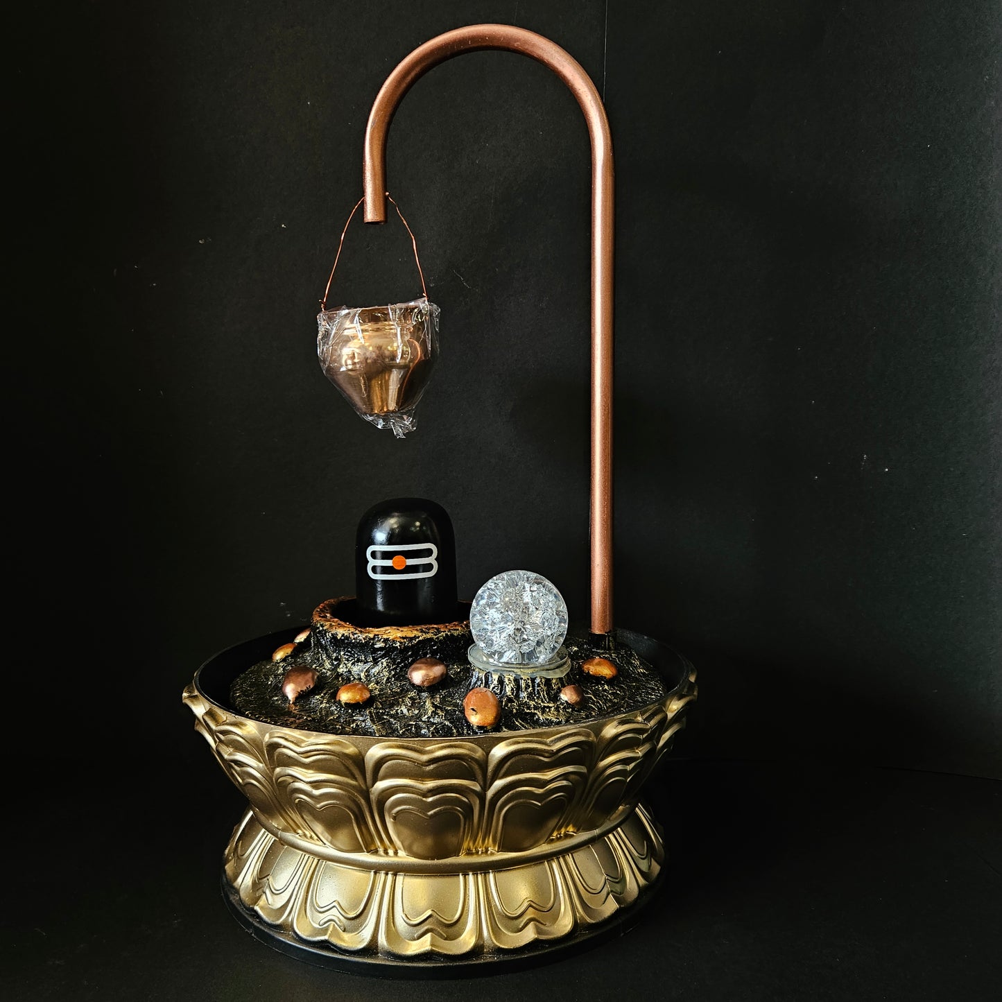 Shiva Shivling Adiyogi Fountain Lamp with Curved Stand, Decorative Water Bowl, Blue Light Effect, Bronze-Gold Base