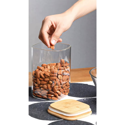 Glass Jar with wooden lid 1200ml Food Storage Glass Jars & Containers with Wooden Lid - for Noodles, Flour, Cereal, Rice, Sugar, Tea, Coffee