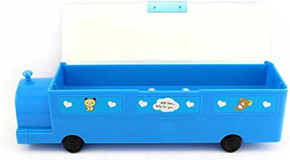 Purple pencil box shaped like a train or bus, designed for children. Additional detaIt has wheels, possibly for play.
The box features cartoon-like graphics with the word "SAUCE" visible.
It includes compartments and may have a built-in sharpener.