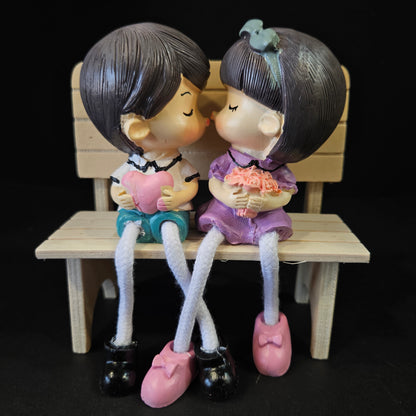 Loving Kissing Couple Hanging Legs Sitting on Bench Valentine Day& Gift Purpose Decorative