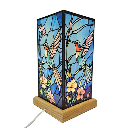 Acrylic Hummingbird lamp a vibrant hummingbird and floral design on a wooden base printed on a clear square panel perfect for Bedroom's
