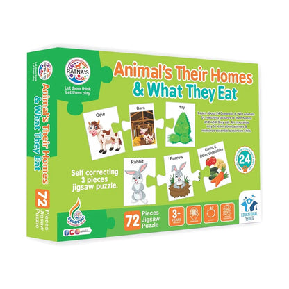 Animals Their Homes and What They Eat 72 Pcs Jigsaw Puzzle for Kids to Learn About 24 Different Animals Their Home & Their Food