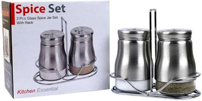Salt and Pepper Container for Dining Table with Stand Glass & Steel Premium Big Salt Jar Sprinkler Container Shaker with Different Size Roaters 2 Container Salt n Pepper Set