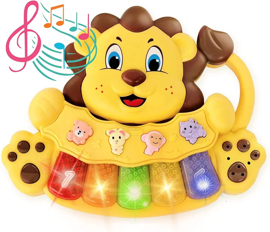 Adorable baby lion piano, 5 numbered and different color light keys, musical toy to play and teach the baby with 3 game modes, interactive toy for 12 months old babies