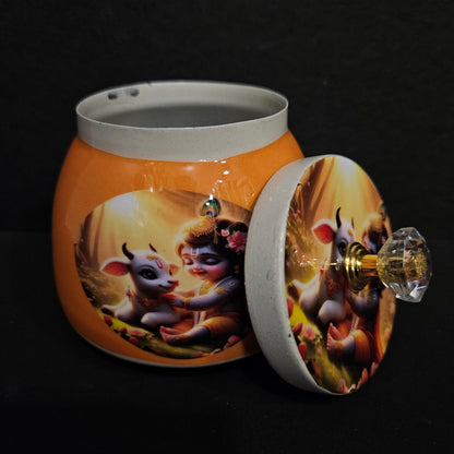 Little Krishna themed Metal Pichwai jar for Storage purpose,Return Gifts,marriage gifts
