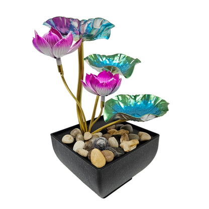 Tabletop water fountain prominent metal lotus &  leaf design and a built-in LED ring light