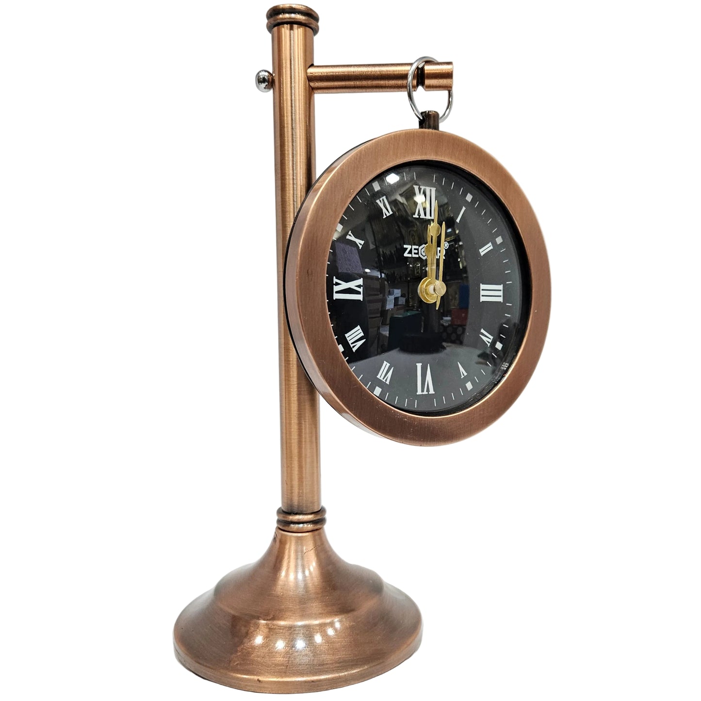 Zegar brand antique-style table clock features a brushed copper finish and a Roman numeral dial table clock