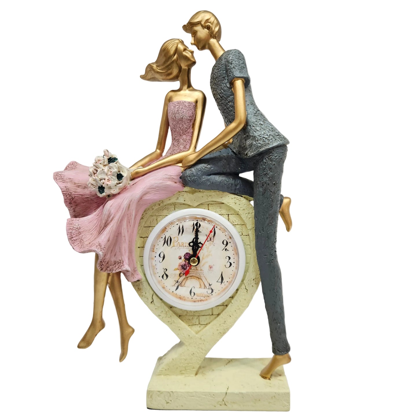 Love couple showpiece features a resin figurine of a kissing couple with a Paris-themed heart clock