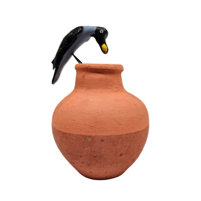 Clay Bird Showpiece for Home & Table Decor | Handmade Clay Craft Bird Figurine | Panchatantra Thirsty Crow Story Decorative Item