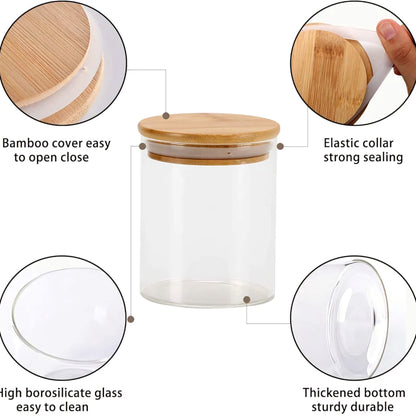 Glass Food Storage Containers Set of 3 ,Airtight Food Jars with Bamboo Wooden Lids, Kitchen Canisters for Sugar,Candy, Cookie, Rice and Spice kitchen storage, Round -320ml -3pcs