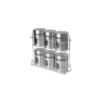 Stainless Steel and Glass Canister Set, 6 Pieces, with Rack for Spices or Grains, Kitchen Organisation