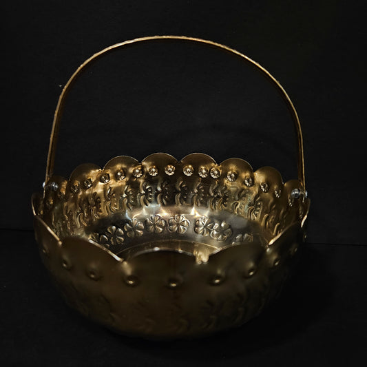 The Brass Central Decorative Basket with Twisted Handle, Gold Filigree Design, Vintage Style for Pooja, prayer basket
