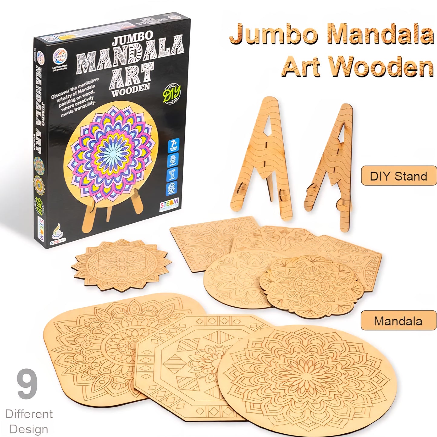 RATNA'S Wooden Mandala Art Jumbo Coloring Kit - 9 Mandala Art Pieces With 2 Frame Set - Art & Craft Creative Coloring Fun for Kids & Adults