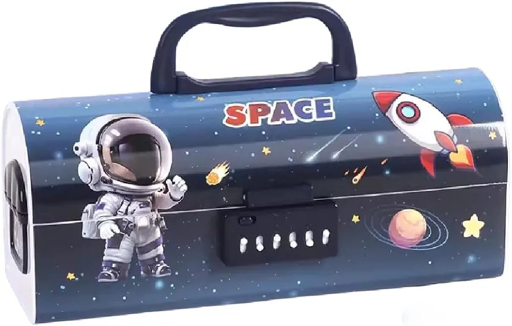 (Astronaut-Dark Blue) Invite Multilayer Password Lock Pencil Box - Large Capacity Cartoon Print Pen Case for Girls & Boys | Stylish School Stationery Organizer for Kids.