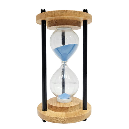 Decorative 5min hourglass featuring a light blue sand timer housed in a light wood and black metal frame