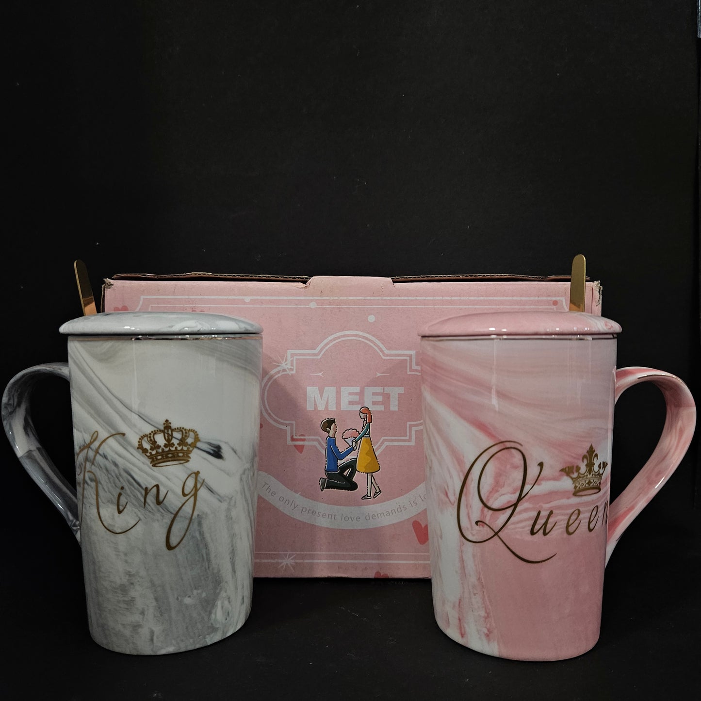 Couple Mug Coffee Ceramic Marble Cups with Lid Spoon Costers 14 Oz Wedding Anniversary Valantine Engegment Gifts for Bride and Groom King & Queen