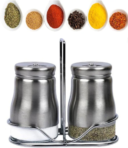 Salt and Pepper Container for Dining Table with Stand Glass & Steel Premium Big Salt Jar Sprinkler Container Shaker with Different Size Roaters 2 Container Salt n Pepper Set