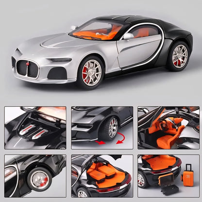 Bugatti Atlantic Diecast Model Car Alloy Metal Pull Back Die-Cast Car Pullback Toy with Openable Doors Light and Music Gift Toys for Kids - Silver/Black