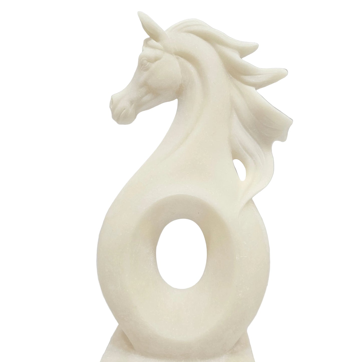 This white polyresin horse sculpture is designed with a minimalist, abstract aesthetic featuring a flowing mane and a circular opening in the center