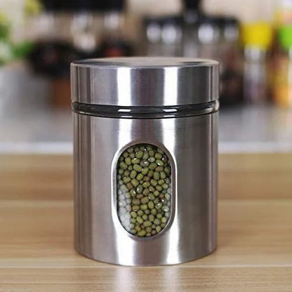 Set Of 3 piece Stainless Steel Plated Glass Kitchen Canister, Airtight Food Storage Window Jar