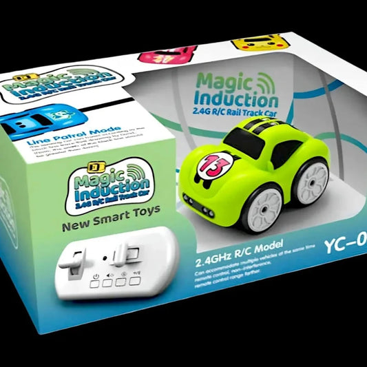Boxed toy car with 'Magic Induction' branding and a remote control.