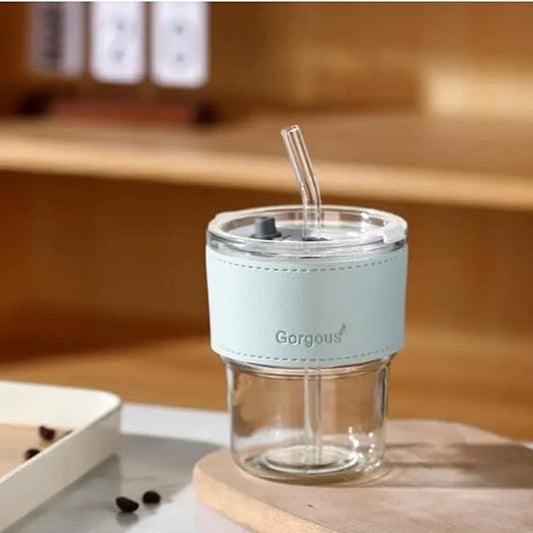 Glass Tumbler with Straw, Double Wall Design, Mint Sleeve, Clear Lid