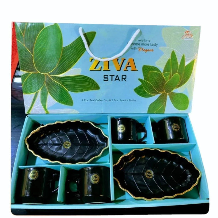 Black with golden finishing Ceramic Ziva star cup and platter set, 6 Pieces