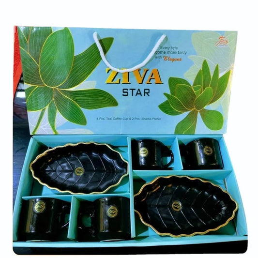 Black with golden finishing Ceramic Ziva star cup and platter set, 6 Pieces